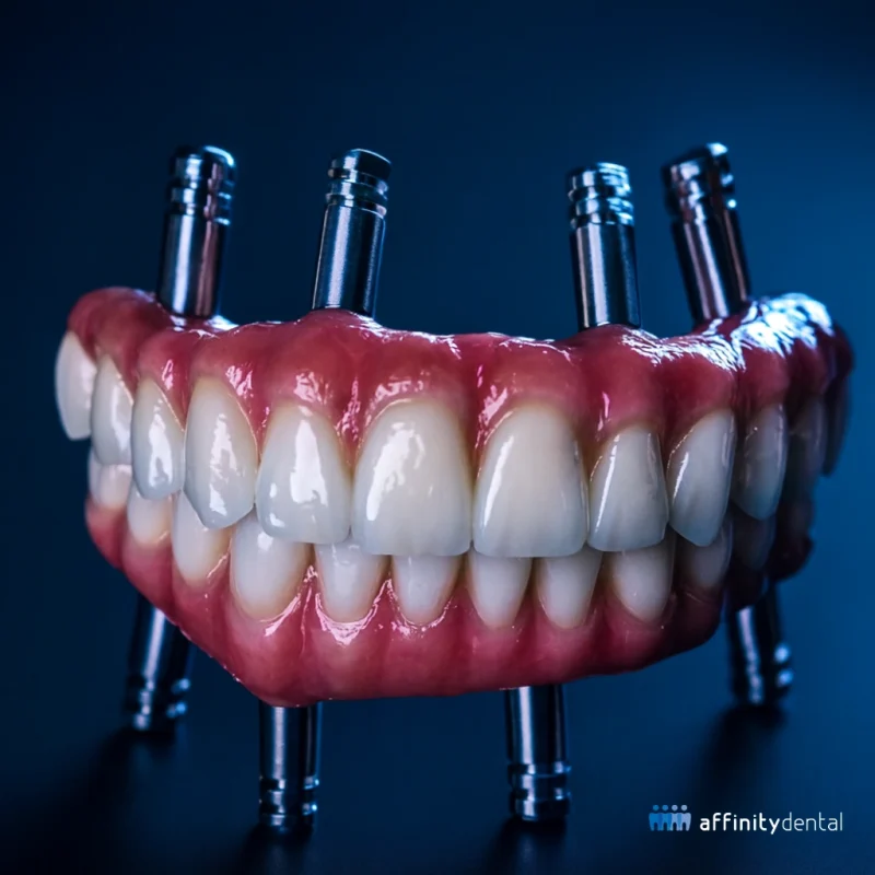 3D illustration of full mouth dental implants with artificial gums and teeth supported by titanium implant posts.