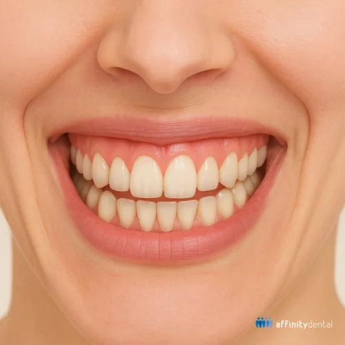 Close-up of a woman’s mouth with a severe gummy smile, showing more than 7 mm of gum tissue above the upper teeth.