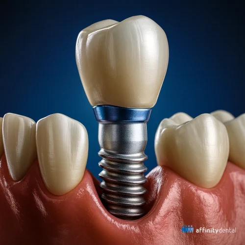 3D illustration of a dental implant with zirconia crown placed in the jaw