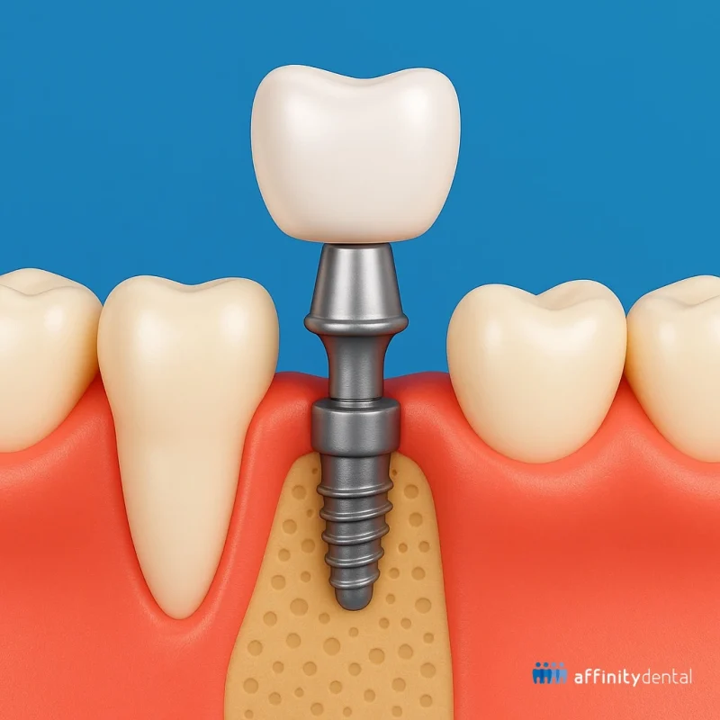 3D illustration of a mini dental implant placed in the jawbone with a crown, showing its smaller structure compared to regular implants.