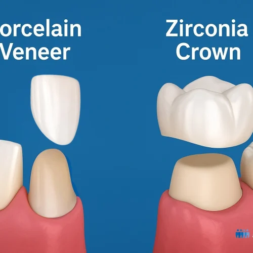 Illustration comparing porcelain veneer and zirconia crown placement on teeth
