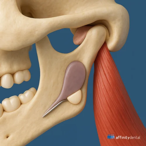 Close-up medical illustration of the temporomandibular joint showing jawbone, disc, and muscle attachment