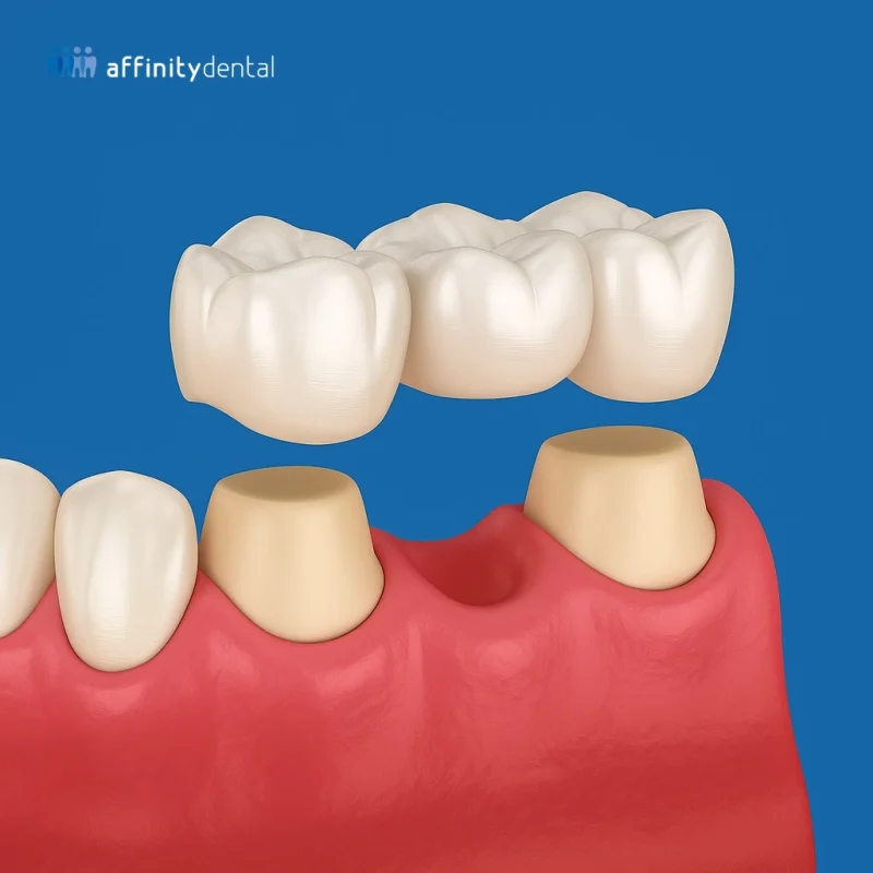 3D illustration of a zirconia dental bridge being placed on prepared teeth by Affinity Dental Clinics