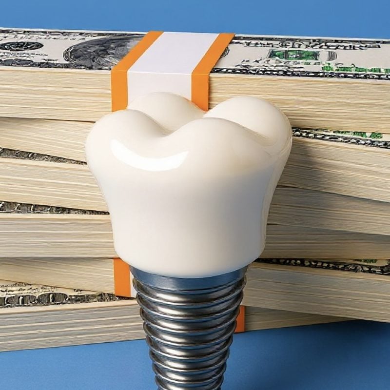 Dental implant model in front of money stacks symbolizing dental implant cost and value by Affinity Dental